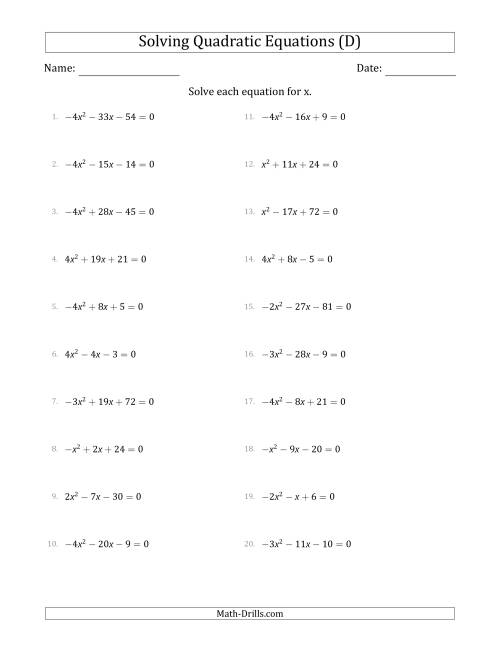 The Solving Quadratic Equations with Positive or Negative 'a' Coefficients up to 4 (D) Math Worksheet
