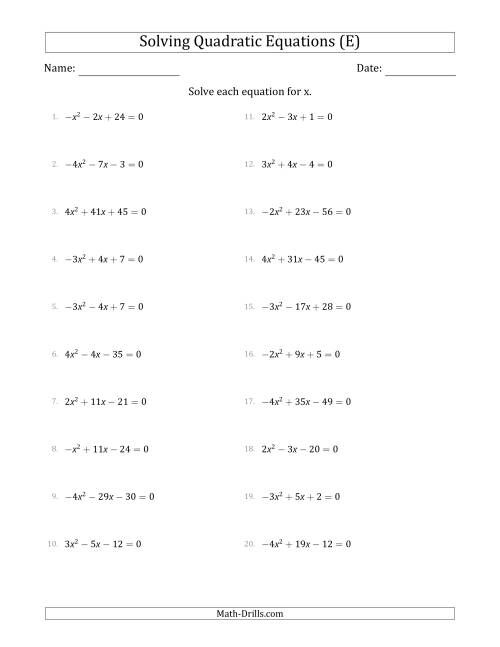 The Solving Quadratic Equations with Positive or Negative 'a' Coefficients up to 4 (E) Math Worksheet