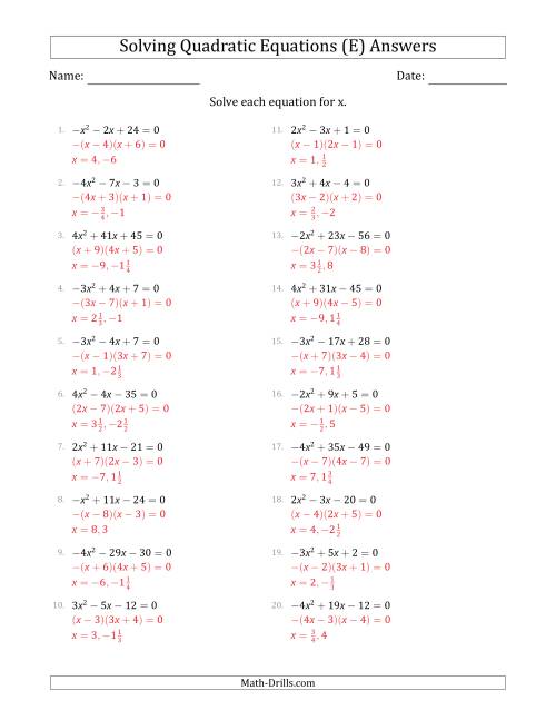 The Solving Quadratic Equations with Positive or Negative 'a' Coefficients up to 4 (E) Math Worksheet Page 2