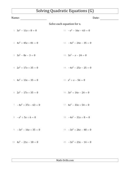 The Solving Quadratic Equations with Positive or Negative 'a' Coefficients up to 4 (G) Math Worksheet
