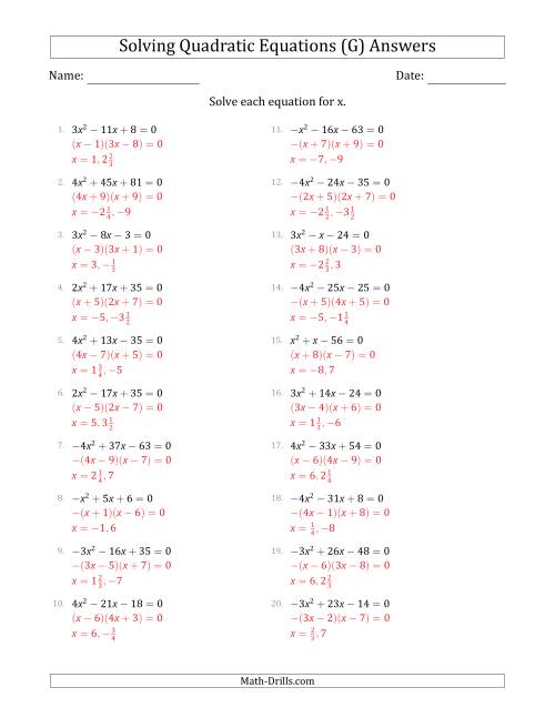 The Solving Quadratic Equations with Positive or Negative 'a' Coefficients up to 4 (G) Math Worksheet Page 2