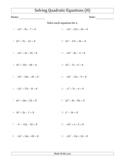 The Solving Quadratic Equations with Positive or Negative 'a' Coefficients up to 4 (H) Math Worksheet