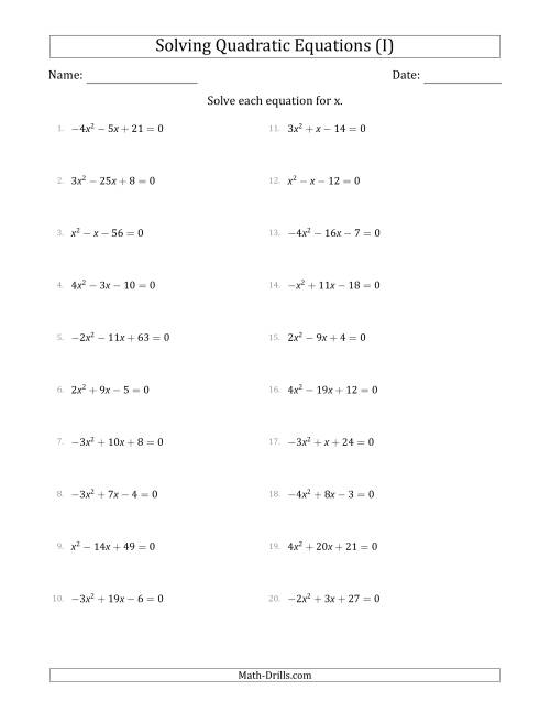 The Solving Quadratic Equations with Positive or Negative 'a' Coefficients up to 4 (I) Math Worksheet