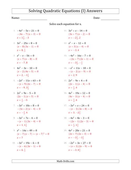 The Solving Quadratic Equations with Positive or Negative 'a' Coefficients up to 4 (I) Math Worksheet Page 2