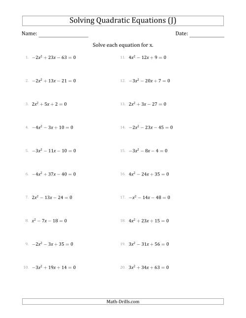 The Solving Quadratic Equations with Positive or Negative 'a' Coefficients up to 4 (J) Math Worksheet