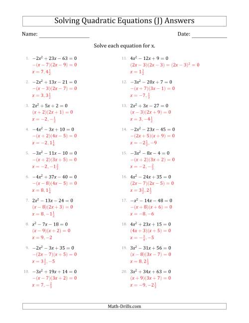 The Solving Quadratic Equations with Positive or Negative 'a' Coefficients up to 4 (J) Math Worksheet Page 2