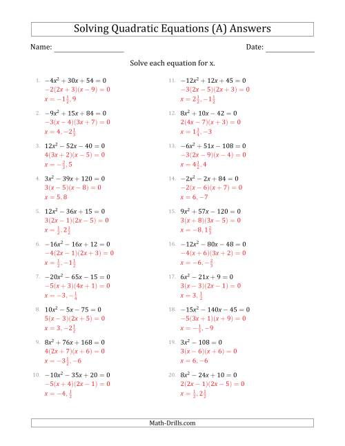 The Solving Quadratic Equations with Positive or Negative 'a' Coefficients up to 4 with a Common Factor Step (A) Math Worksheet Page 2