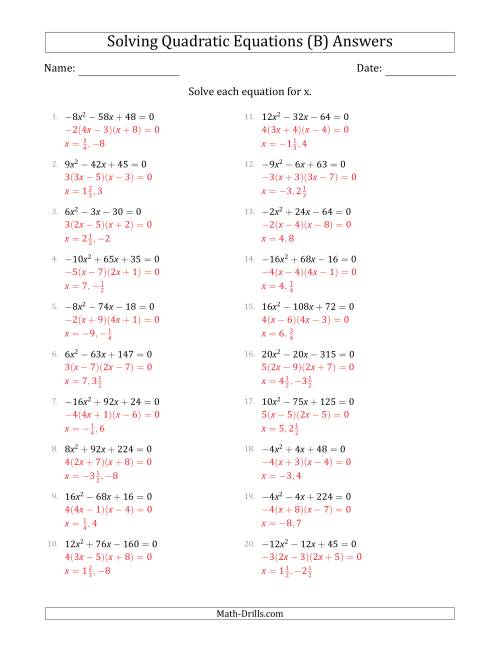 The Solving Quadratic Equations with Positive or Negative 'a' Coefficients up to 4 with a Common Factor Step (B) Math Worksheet Page 2