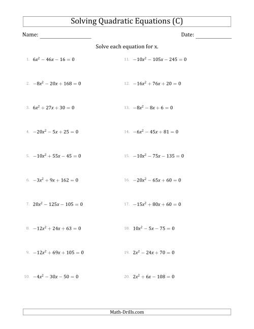 The Solving Quadratic Equations with Positive or Negative 'a' Coefficients up to 4 with a Common Factor Step (C) Math Worksheet