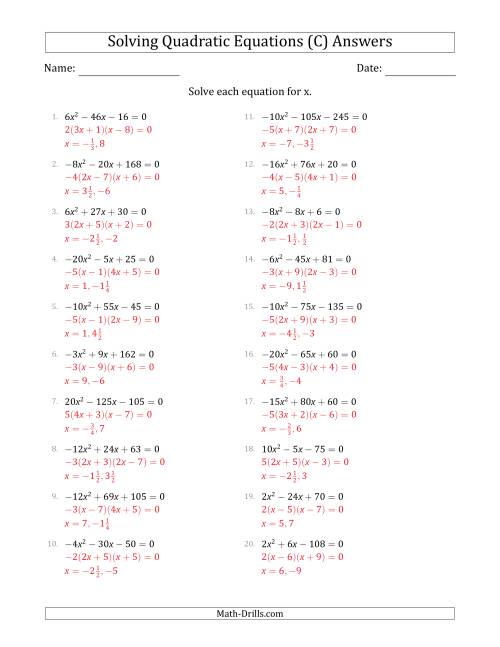 The Solving Quadratic Equations with Positive or Negative 'a' Coefficients up to 4 with a Common Factor Step (C) Math Worksheet Page 2