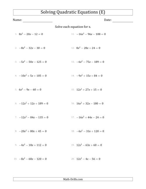 The Solving Quadratic Equations with Positive or Negative 'a' Coefficients up to 4 with a Common Factor Step (E) Math Worksheet