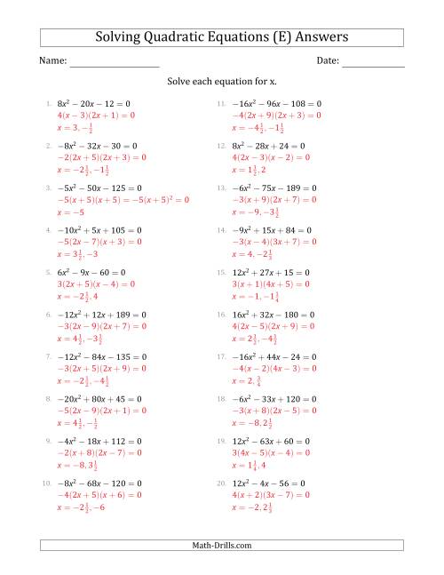 The Solving Quadratic Equations with Positive or Negative 'a' Coefficients up to 4 with a Common Factor Step (E) Math Worksheet Page 2