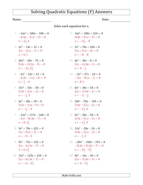 The Solving Quadratic Equations with Positive or Negative 'a' Coefficients up to 4 with a Common Factor Step (F) Math Worksheet Page 2