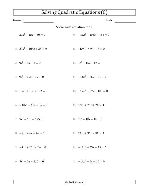 The Solving Quadratic Equations with Positive or Negative 'a' Coefficients up to 4 with a Common Factor Step (G) Math Worksheet
