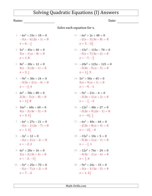 The Solving Quadratic Equations with Positive or Negative 'a' Coefficients up to 4 with a Common Factor Step (I) Math Worksheet Page 2