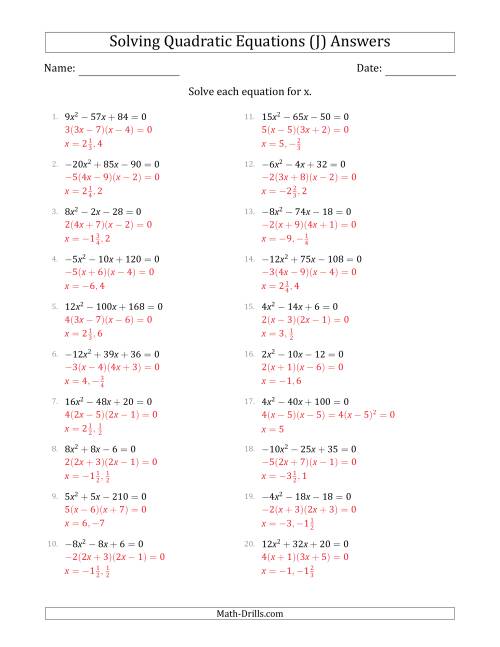 The Solving Quadratic Equations with Positive or Negative 'a' Coefficients up to 4 with a Common Factor Step (J) Math Worksheet Page 2