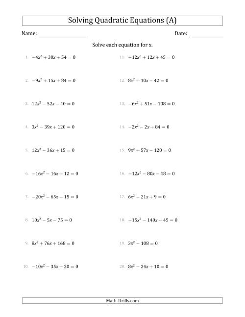 The Solving Quadratic Equations with Positive or Negative 'a' Coefficients up to 4 with a Common Factor Step (All) Math Worksheet