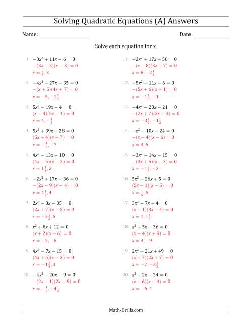 The Solving Quadratic Equations with Positive or Negative 'a' Coefficients up to 5 (A) Math Worksheet Page 2