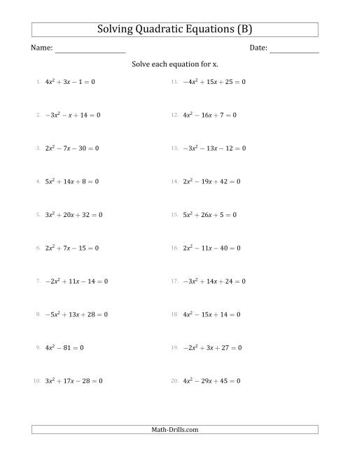 The Solving Quadratic Equations with Positive or Negative 'a' Coefficients up to 5 (B) Math Worksheet
