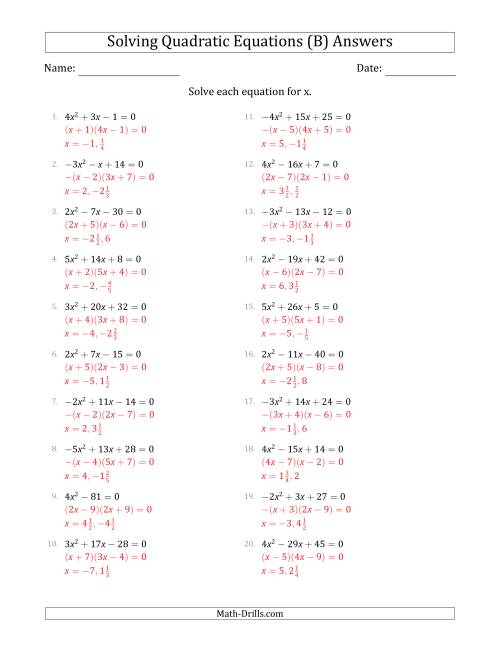 The Solving Quadratic Equations with Positive or Negative 'a' Coefficients up to 5 (B) Math Worksheet Page 2