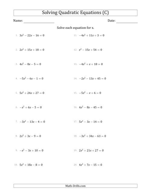 The Solving Quadratic Equations with Positive or Negative 'a' Coefficients up to 5 (C) Math Worksheet