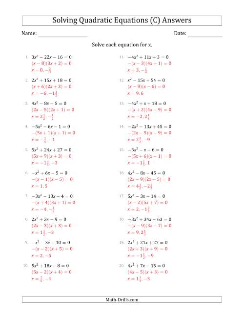 The Solving Quadratic Equations with Positive or Negative 'a' Coefficients up to 5 (C) Math Worksheet Page 2
