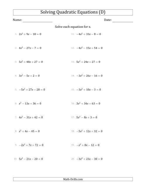 The Solving Quadratic Equations with Positive or Negative 'a' Coefficients up to 5 (D) Math Worksheet