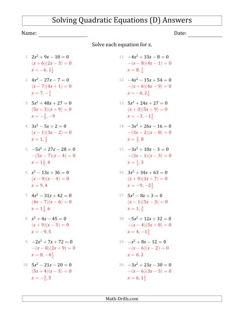 The Solving Quadratic Equations with Positive or Negative 'a' Coefficients up to 5 (D) Math Worksheet Page 2