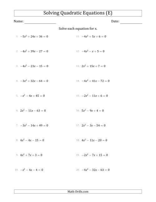 The Solving Quadratic Equations with Positive or Negative 'a' Coefficients up to 5 (E) Math Worksheet