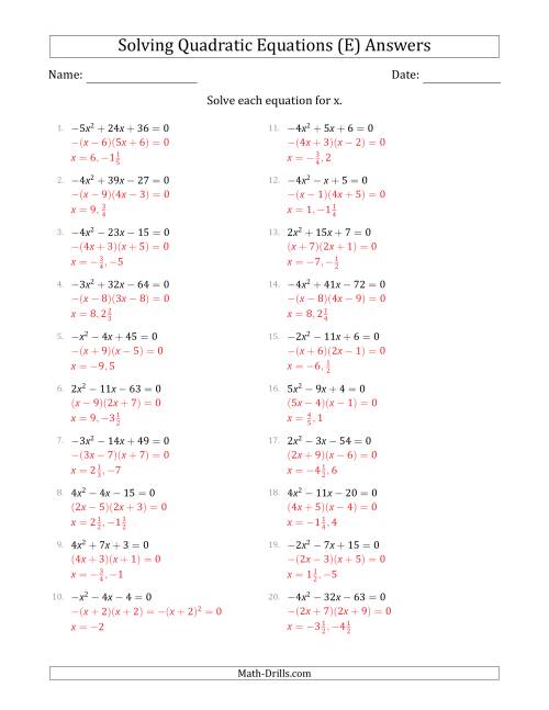 The Solving Quadratic Equations with Positive or Negative 'a' Coefficients up to 5 (E) Math Worksheet Page 2