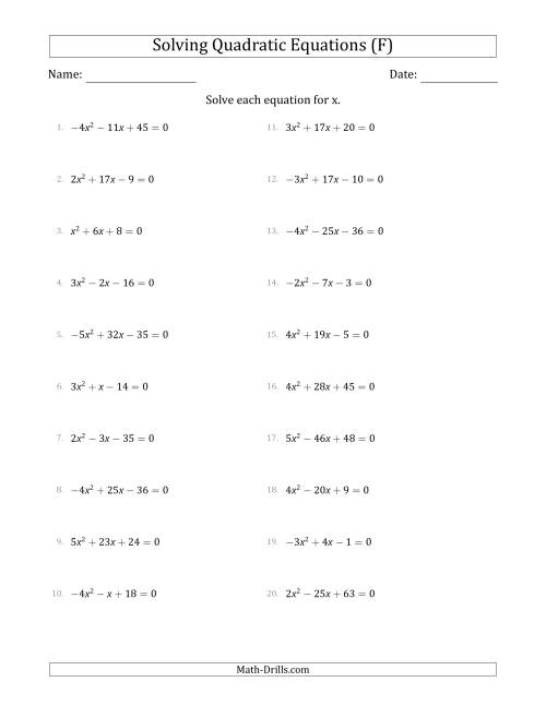 The Solving Quadratic Equations with Positive or Negative 'a' Coefficients up to 5 (F) Math Worksheet