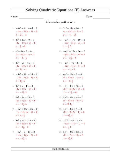 The Solving Quadratic Equations with Positive or Negative 'a' Coefficients up to 5 (F) Math Worksheet Page 2
