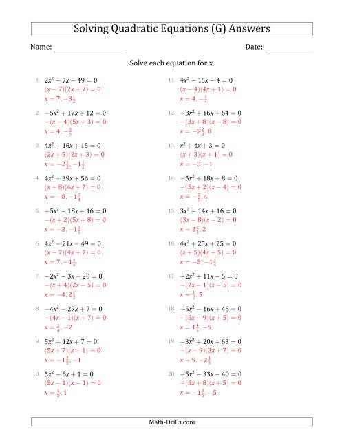 The Solving Quadratic Equations with Positive or Negative 'a' Coefficients up to 5 (G) Math Worksheet Page 2