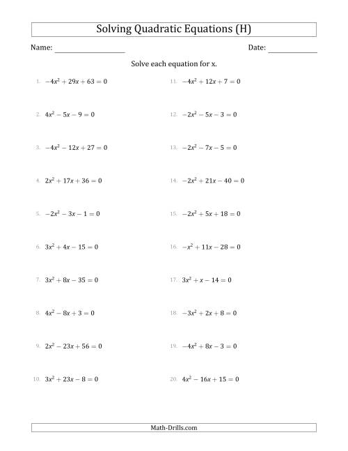 The Solving Quadratic Equations with Positive or Negative 'a' Coefficients up to 5 (H) Math Worksheet