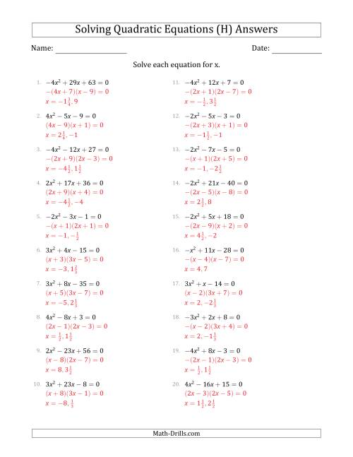 The Solving Quadratic Equations with Positive or Negative 'a' Coefficients up to 5 (H) Math Worksheet Page 2