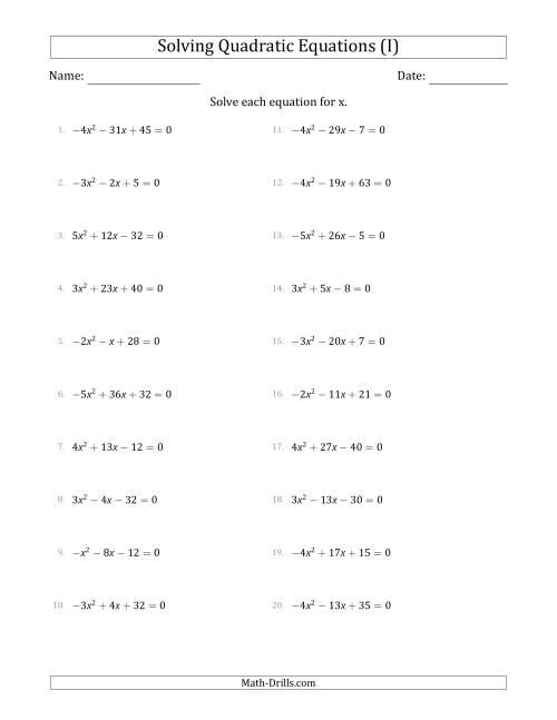 The Solving Quadratic Equations with Positive or Negative 'a' Coefficients up to 5 (I) Math Worksheet