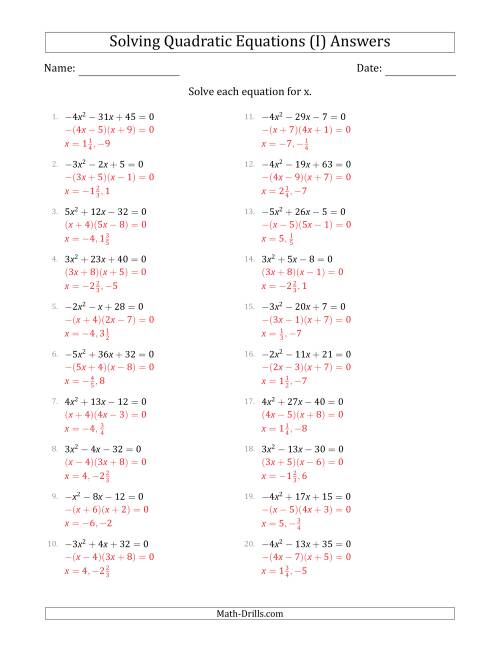 The Solving Quadratic Equations with Positive or Negative 'a' Coefficients up to 5 (I) Math Worksheet Page 2