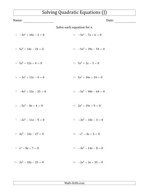 The Solving Quadratic Equations with Positive or Negative 'a' Coefficients up to 5 (J) Math Worksheet