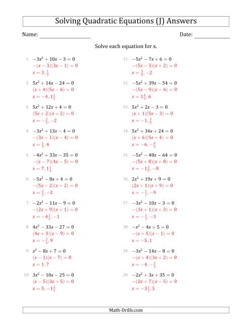 The Solving Quadratic Equations with Positive or Negative 'a' Coefficients up to 5 (J) Math Worksheet Page 2