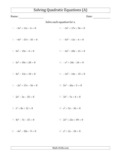 The Solving Quadratic Equations with Positive or Negative 'a' Coefficients up to 5 (All) Math Worksheet