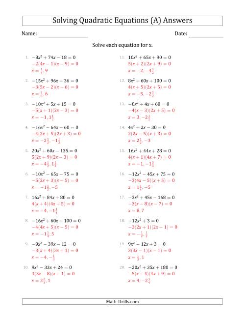 The Solving Quadratic Equations with Positive or Negative 'a' Coefficients up to 5 with a Common Factor Step (A) Math Worksheet Page 2