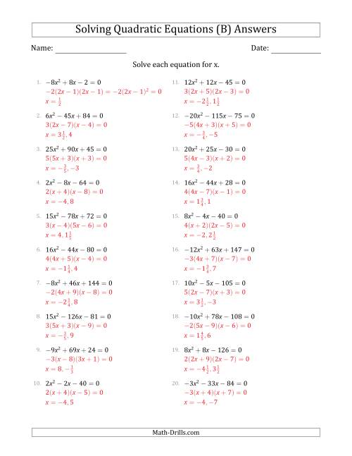 The Solving Quadratic Equations with Positive or Negative 'a' Coefficients up to 5 with a Common Factor Step (B) Math Worksheet Page 2