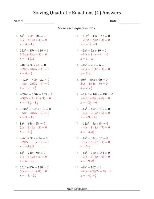 The Solving Quadratic Equations with Positive or Negative 'a' Coefficients up to 5 with a Common Factor Step (C) Math Worksheet Page 2