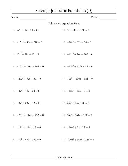 The Solving Quadratic Equations with Positive or Negative 'a' Coefficients up to 5 with a Common Factor Step (D) Math Worksheet