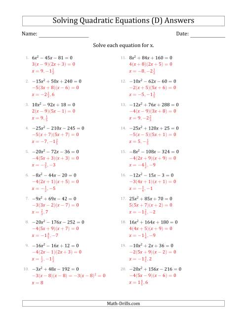 The Solving Quadratic Equations with Positive or Negative 'a' Coefficients up to 5 with a Common Factor Step (D) Math Worksheet Page 2