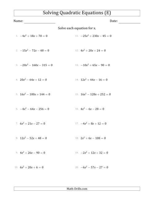 The Solving Quadratic Equations with Positive or Negative 'a' Coefficients up to 5 with a Common Factor Step (E) Math Worksheet