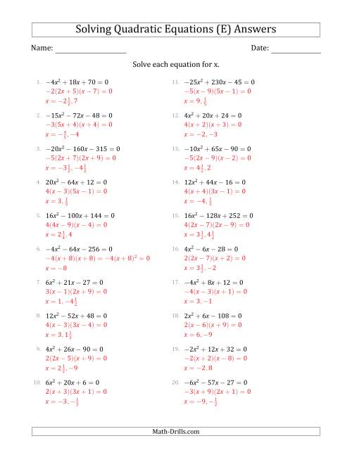 The Solving Quadratic Equations with Positive or Negative 'a' Coefficients up to 5 with a Common Factor Step (E) Math Worksheet Page 2