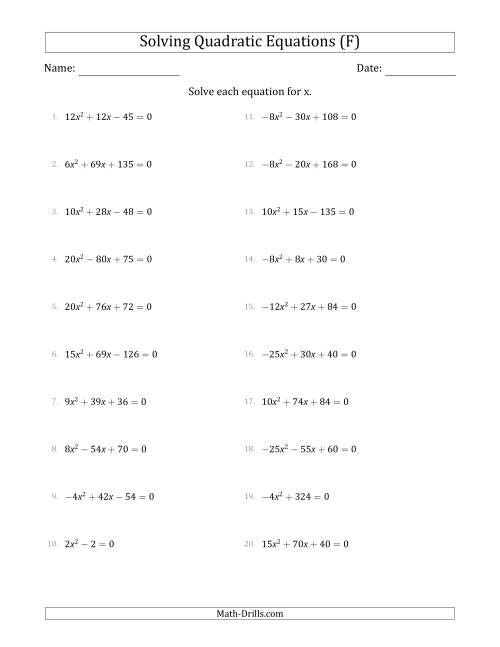 The Solving Quadratic Equations with Positive or Negative 'a' Coefficients up to 5 with a Common Factor Step (F) Math Worksheet