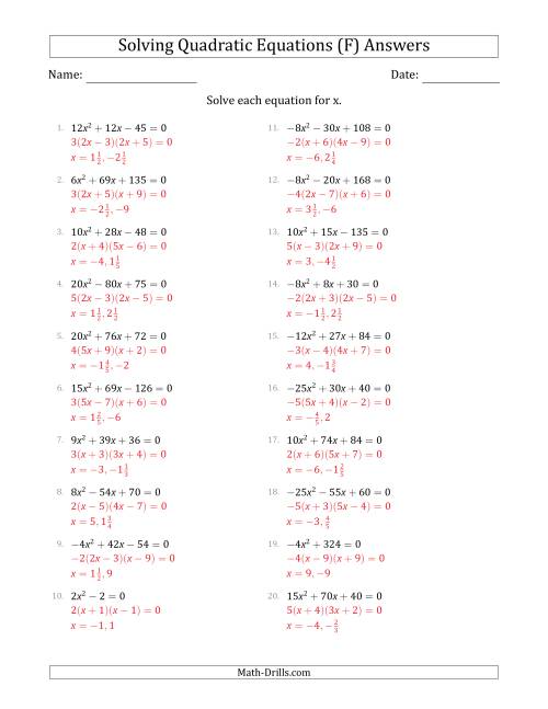 The Solving Quadratic Equations with Positive or Negative 'a' Coefficients up to 5 with a Common Factor Step (F) Math Worksheet Page 2