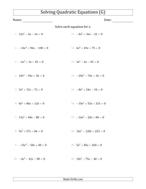 The Solving Quadratic Equations with Positive or Negative 'a' Coefficients up to 5 with a Common Factor Step (G) Math Worksheet